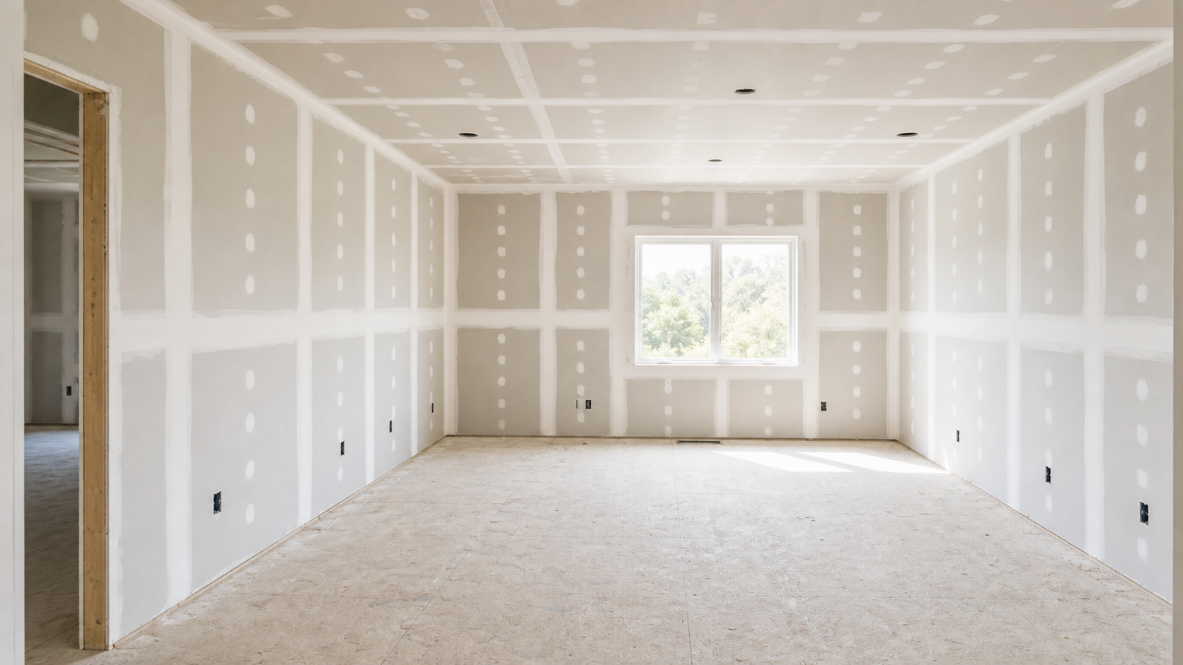 Unfinished drywall room with patched screw holes and taped seams