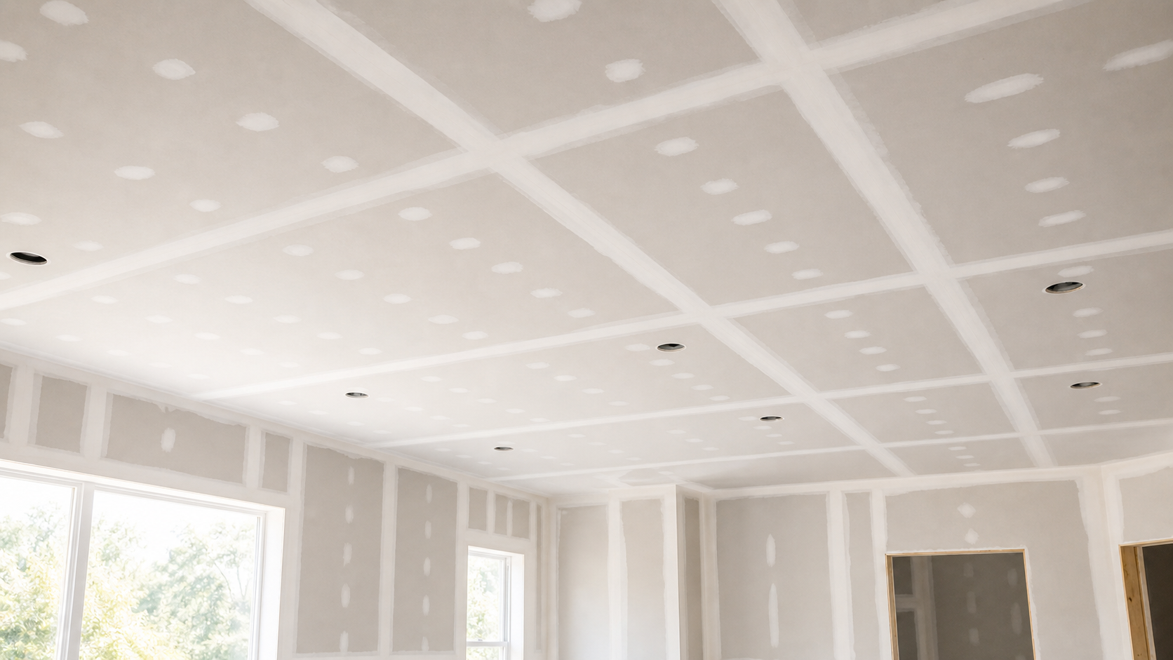 Wide-angle drywalled ceiling with taped seams